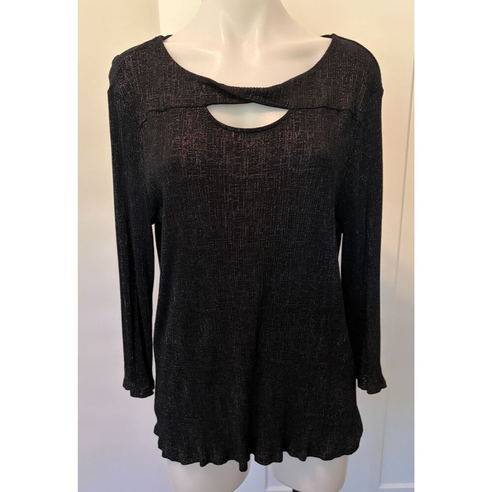 CHICOS Womens Ribbed Knit TOP 3/4 Sleeve BLACK Glitter Size 2 (L/12)